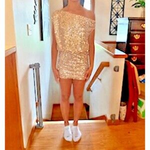NWOT Wear Your Love Gold Sequin One-Shoulder Mini Dress